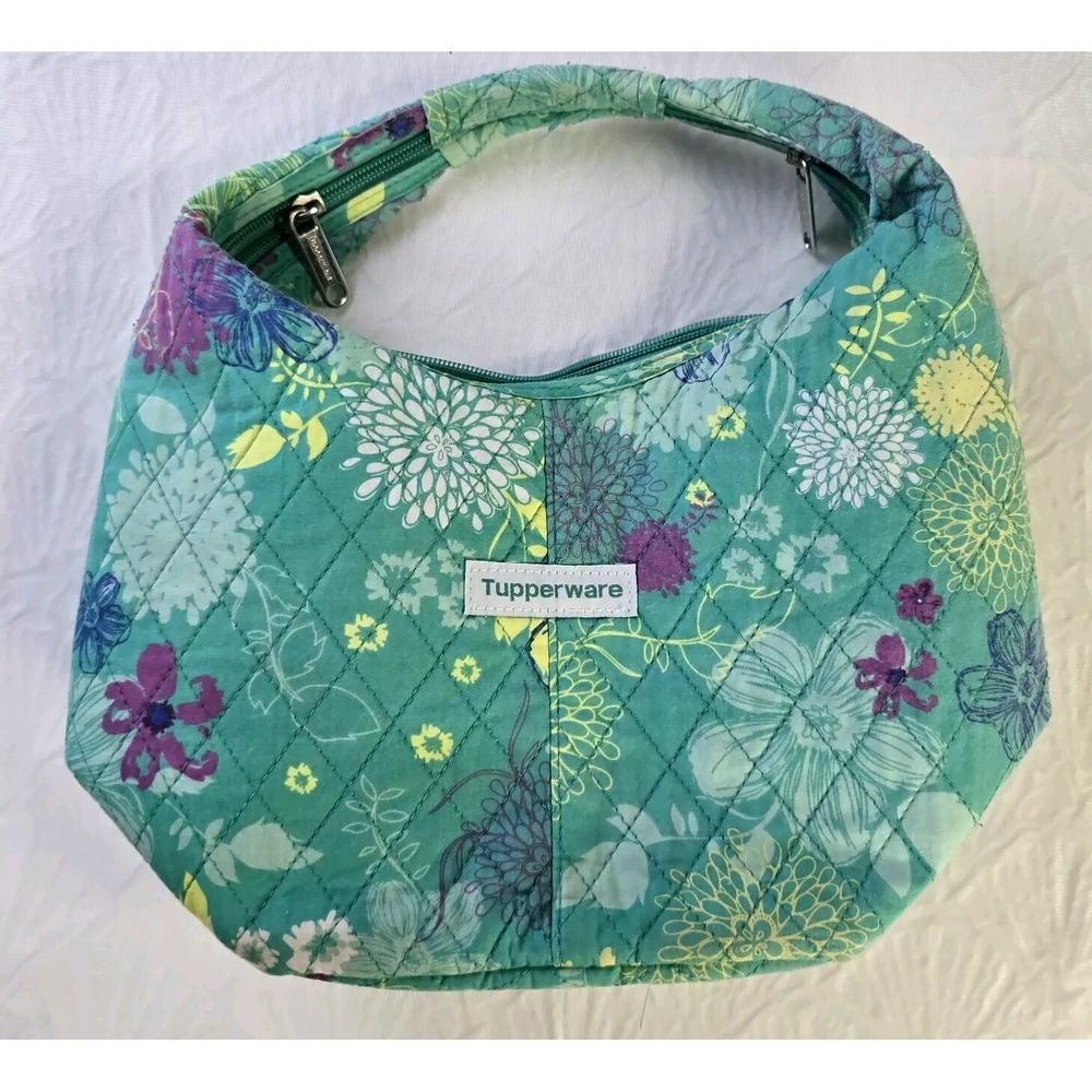 Tupperware Lunch Bag Zipper‎ Hobo Style Green Floral Vintage Quilted